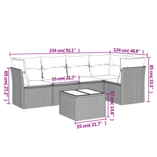 6-Piece Garden Sofa Set with Cushions Grey Poly Rattan Wicker Outdoor Patio Furniture - Image 3