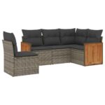 5-Piece Garden Sofa Set with Cushions Grey Poly Rattan Wicker Outdoor Patio Furniture
