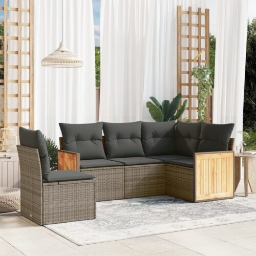 5-Piece Garden Sofa Set with Cushions Grey Poly Rattan Wicker Outdoor Patio Furniture - Image 2