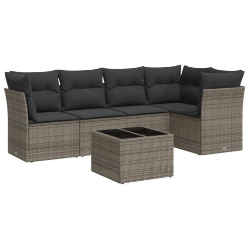 6-Piece Garden Sofa Set with Cushions Grey Poly Rattan Wicker Outdoor Patio Furniture - Image 5