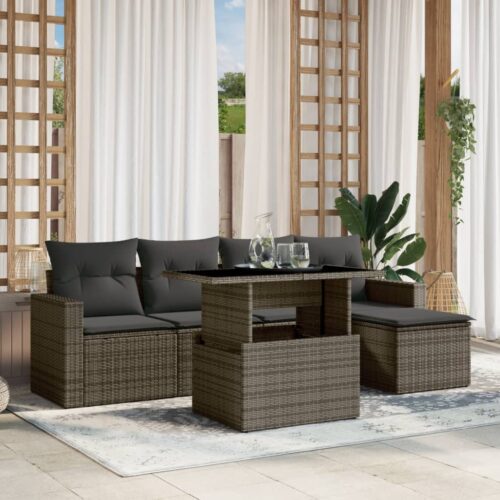 6-Piece Garden Sofa Set with Cushions Grey Poly Rattan Wicker Outdoor Patio Furniture - Image 2