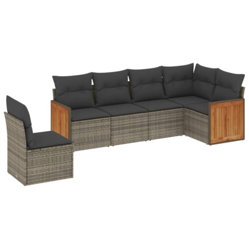 6-Piece Garden Sofa Set with Cushions Grey Poly Rattan Wicker Outdoor Patio Furniture