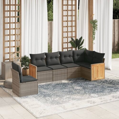 6-Piece Garden Sofa Set with Cushions Grey Poly Rattan Wicker Outdoor Patio Furniture - Image 2