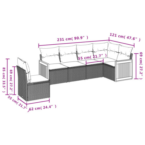 6-Piece Garden Sofa Set with Cushions Grey Poly Rattan Wicker Outdoor Patio Furniture - Image 7