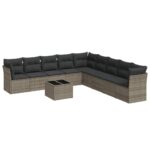 10-Piece Garden Sofa Set with Cushions Grey Poly Rattan Wicker Outdoor Patio Furniture