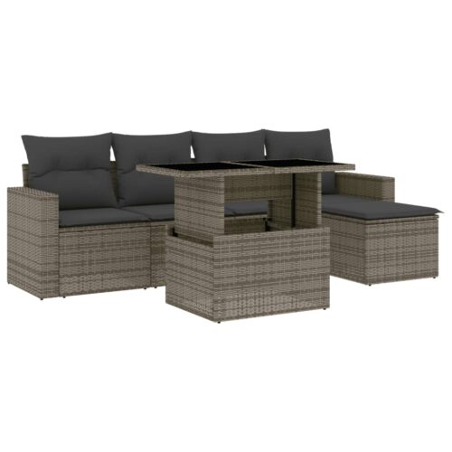 6-Piece Garden Sofa Set with Cushions Grey Poly Rattan Wicker Outdoor Patio Furniture - Image 13
