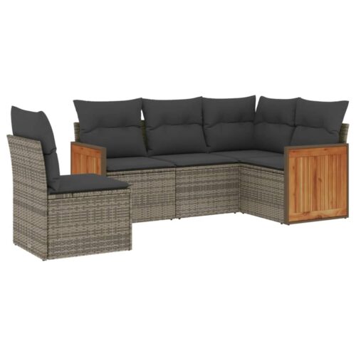 5-Piece Garden Sofa Set with Cushions Grey Poly Rattan Wicker Outdoor Patio Furniture - Image 13
