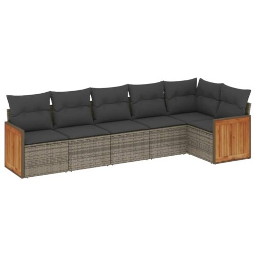 6-Piece Garden Sofa Set with Cushions Grey Poly Rattan Wicker Outdoor Patio Furniture