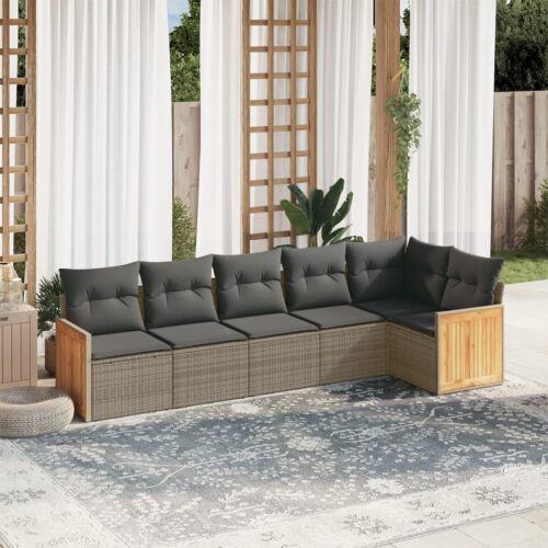6-Piece Garden Sofa Set with Cushions Grey Poly Rattan Wicker Outdoor Patio Furniture - Image 2