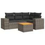 5-Piece Garden Sofa Set with Cushions Grey Poly Rattan Wicker Outdoor Patio Furniture