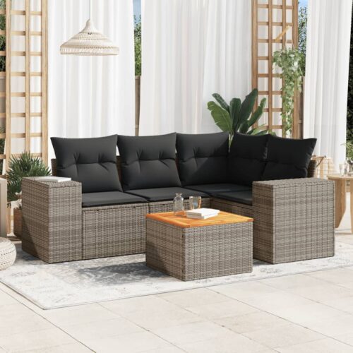 5-Piece Garden Sofa Set with Cushions Grey Poly Rattan Wicker Outdoor Patio Furniture - Image 2