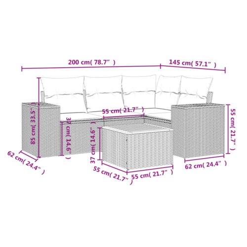 5-Piece Garden Sofa Set with Cushions Grey Poly Rattan Wicker Outdoor Patio Furniture - Image 3