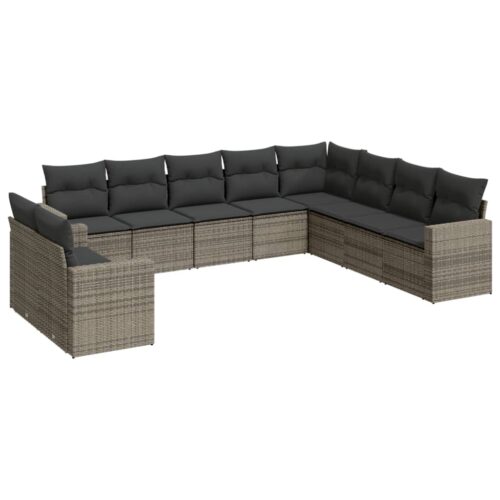 10-Piece Garden Sofa Set with Cushions Grey Poly Rattan Wicker Outdoor Patio Furniture - Image 5