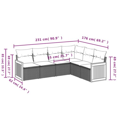 6-Piece Garden Sofa Set with Cushions Grey Poly Rattan Wicker Outdoor Patio Furniture - Image 7