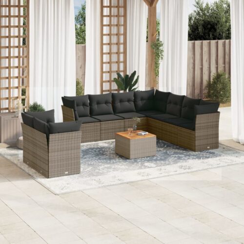 10-Piece Garden Sofa Set with Cushions Grey Poly Rattan Wicker Outdoor Patio Furniture - Image 2