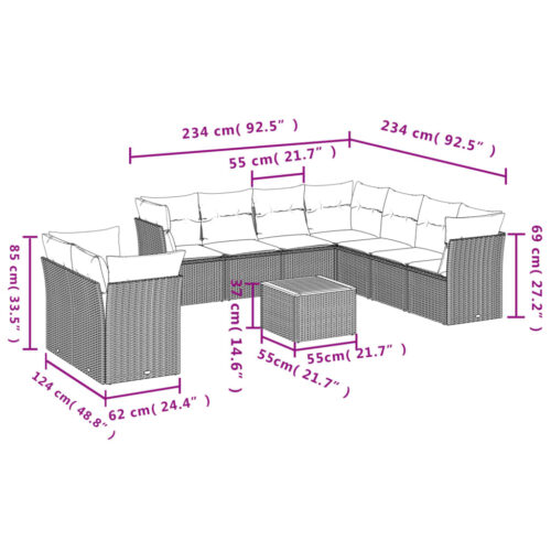 10-Piece Garden Sofa Set with Cushions Grey Poly Rattan Wicker Outdoor Patio Furniture - Image 3