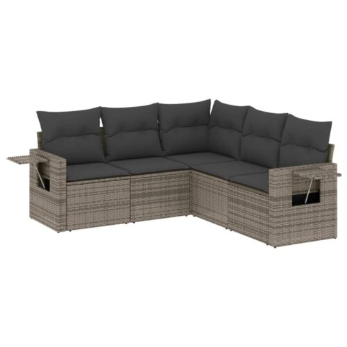 5-Piece Garden Sofa Set with Cushions Grey Poly Rattan Wicker Outdoor Patio Furniture - Image 5