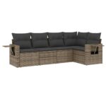 5-Piece Garden Sofa Set with Cushions Grey Poly Rattan Wicker Outdoor Patio Furniture