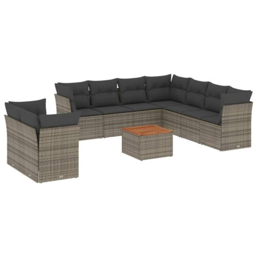 10-Piece Garden Sofa Set with Cushions Grey Poly Rattan Wicker Outdoor Patio Furniture - Image 5