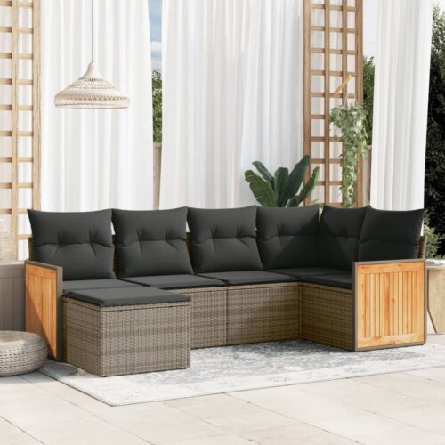 6-Piece Garden Sofa Set with Cushions Grey Poly Rattan Wicker Outdoor Patio Furniture - Image 2