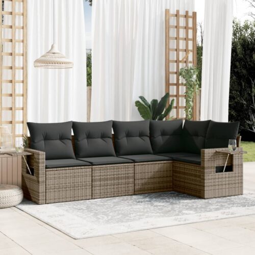 5-Piece Garden Sofa Set with Cushions Grey Poly Rattan Wicker Outdoor Patio Furniture - Image 2