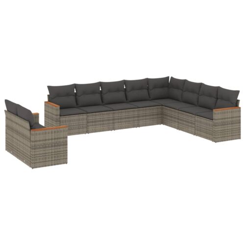 10-Piece Garden Sofa Set with Cushions Grey Poly Rattan Wicker Outdoor Patio Furniture
