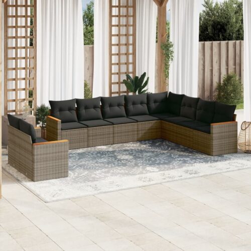 10-Piece Garden Sofa Set with Cushions Grey Poly Rattan Wicker Outdoor Patio Furniture - Image 2