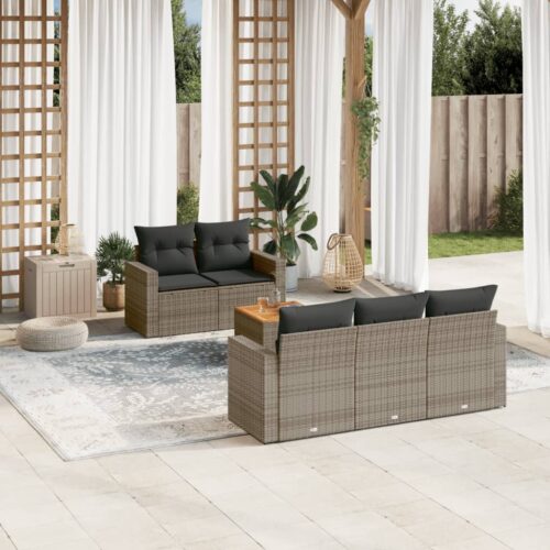 6-Piece Garden Sofa Set with Cushions Grey Poly Rattan Wicker Outdoor Patio Furniture - Image 2