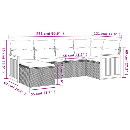 6-Piece Garden Sofa Set with Cushions Grey Poly Rattan Wicker Outdoor Patio Furniture - Image 8