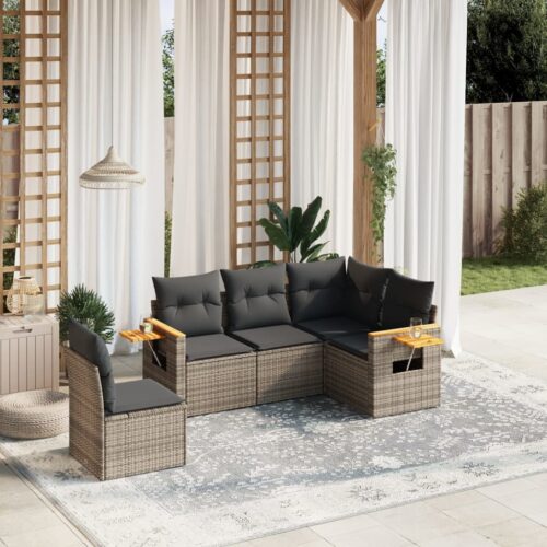5-Piece Garden Sofa Set with Cushions Grey Poly Rattan Wicker Outdoor Patio Furniture - Image 2