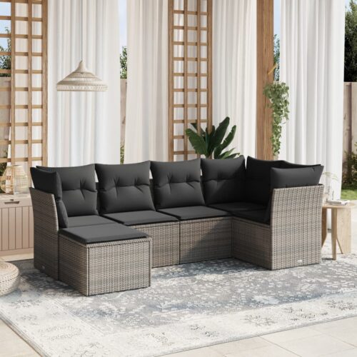 6-Piece Garden Sofa Set with Cushions Grey Poly Rattan Wicker Outdoor Patio Furniture - Image 2