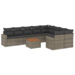 10-Piece Garden Sofa Set with Cushions Grey Poly Rattan Wicker Outdoor Patio Furniture