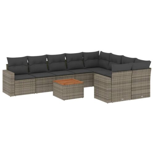 10-Piece Garden Sofa Set with Cushions Grey Poly Rattan Wicker Outdoor Patio Furniture