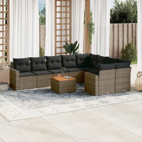 10-Piece Garden Sofa Set with Cushions Grey Poly Rattan Wicker Outdoor Patio Furniture - Image 2