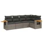 5-Piece Garden Sofa Set with Cushions Grey Poly Rattan Wicker Outdoor Patio Furniture