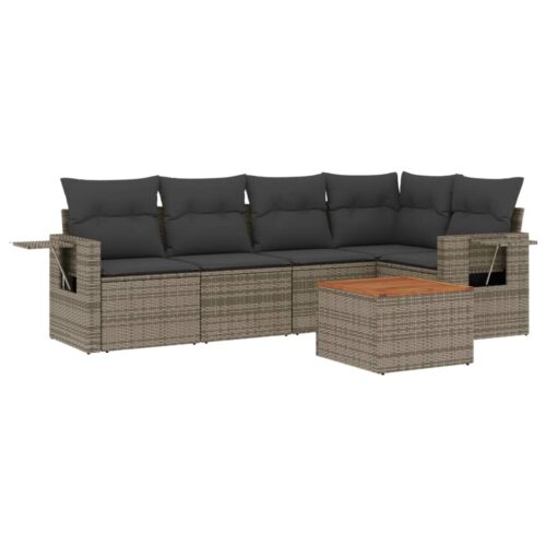 6-Piece Garden Sofa Set with Cushions Grey Poly Rattan Wicker Outdoor Patio Furniture