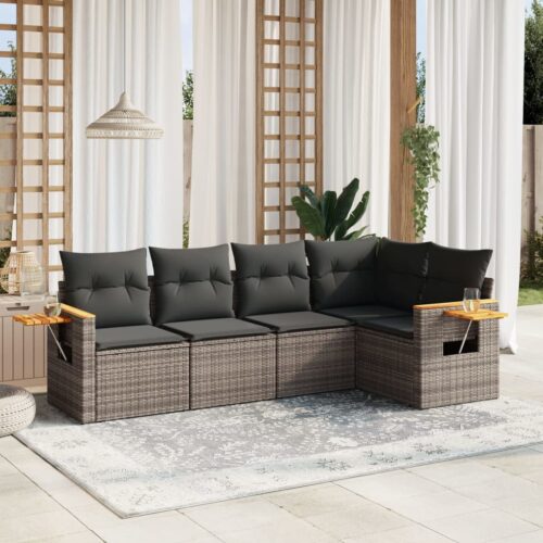 5-Piece Garden Sofa Set with Cushions Grey Poly Rattan Wicker Outdoor Patio Furniture - Image 2