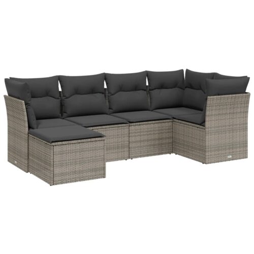 6-Piece Garden Sofa Set with Cushions Grey Poly Rattan Wicker Outdoor Patio Furniture - Image 6