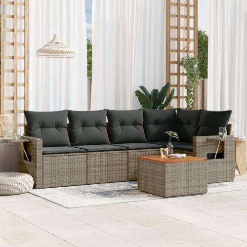6-Piece Garden Sofa Set with Cushions Grey Poly Rattan Wicker Outdoor Patio Furniture - Image 2