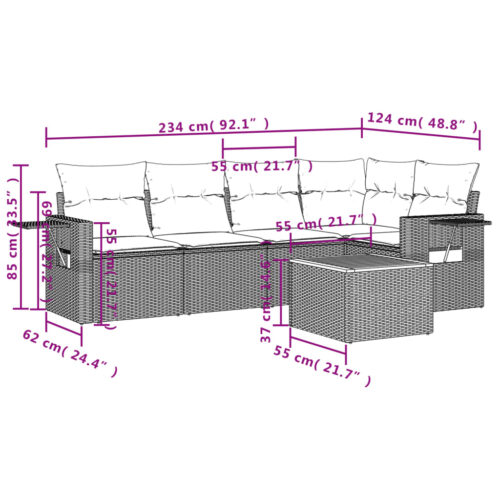 6-Piece Garden Sofa Set with Cushions Grey Poly Rattan Wicker Outdoor Patio Furniture - Image 3