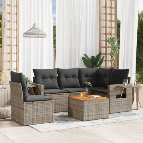 6-Piece Garden Sofa Set with Cushions Grey Poly Rattan Wicker Outdoor Patio Furniture - Image 2