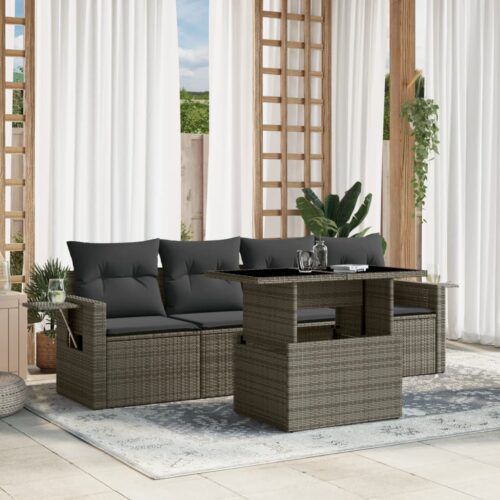 5-Piece Garden Sofa Set with Cushions Grey Poly Rattan Wicker Outdoor Patio Furniture - Image 2