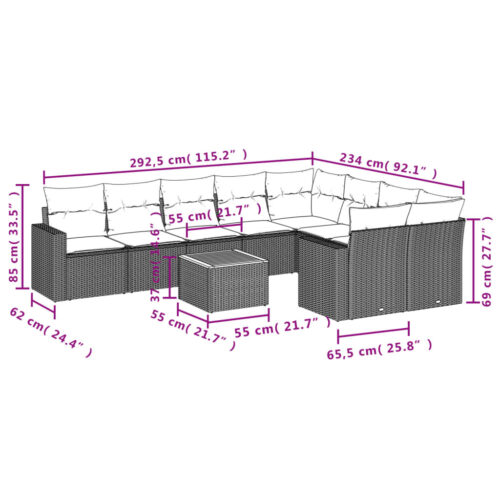 10-Piece Garden Sofa Set with Cushions Grey Poly Rattan Wicker Outdoor Patio Furniture - Image 12
