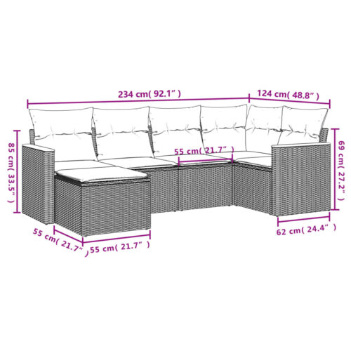 6-Piece Garden Sofa Set with Cushions Grey Poly Rattan Wicker Outdoor Patio Furniture - Image 3