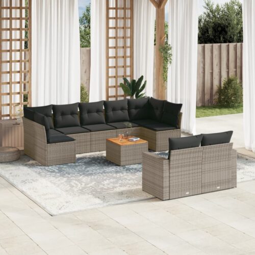 10-Piece Garden Sofa Set with Cushions Grey Poly Rattan Wicker Outdoor Patio Furniture - Image 2