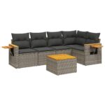 6-Piece Garden Sofa Set with Cushions Grey Poly Rattan Wicker Outdoor Patio Furniture