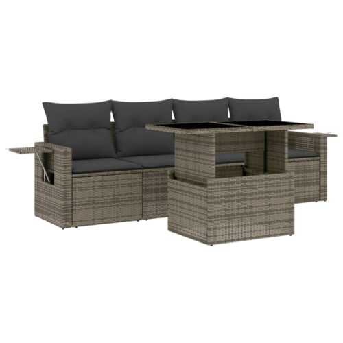 5-Piece Garden Sofa Set with Cushions Grey Poly Rattan Wicker Outdoor Patio Furniture - Image 13
