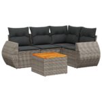 5-Piece Garden Sofa Set with Cushions Grey Poly Rattan Wicker Outdoor Patio Furniture