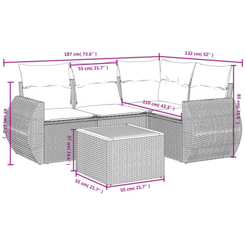 5-Piece Garden Sofa Set with Cushions Grey Poly Rattan Wicker Outdoor Patio Furniture - Image 3
