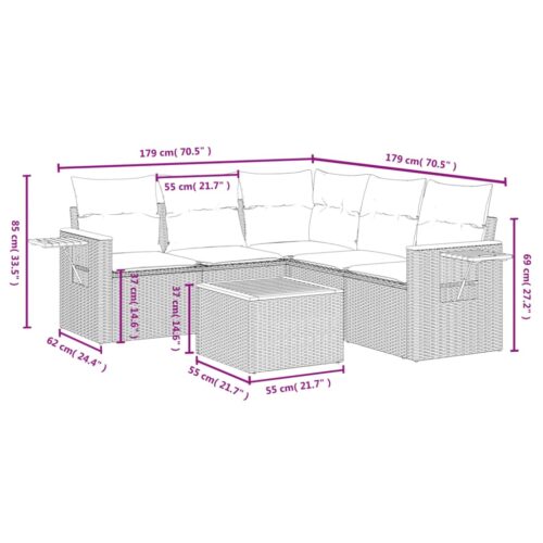 6-Piece Garden Sofa Set with Cushions Grey Poly Rattan Wicker Outdoor Patio Furniture - Image 3